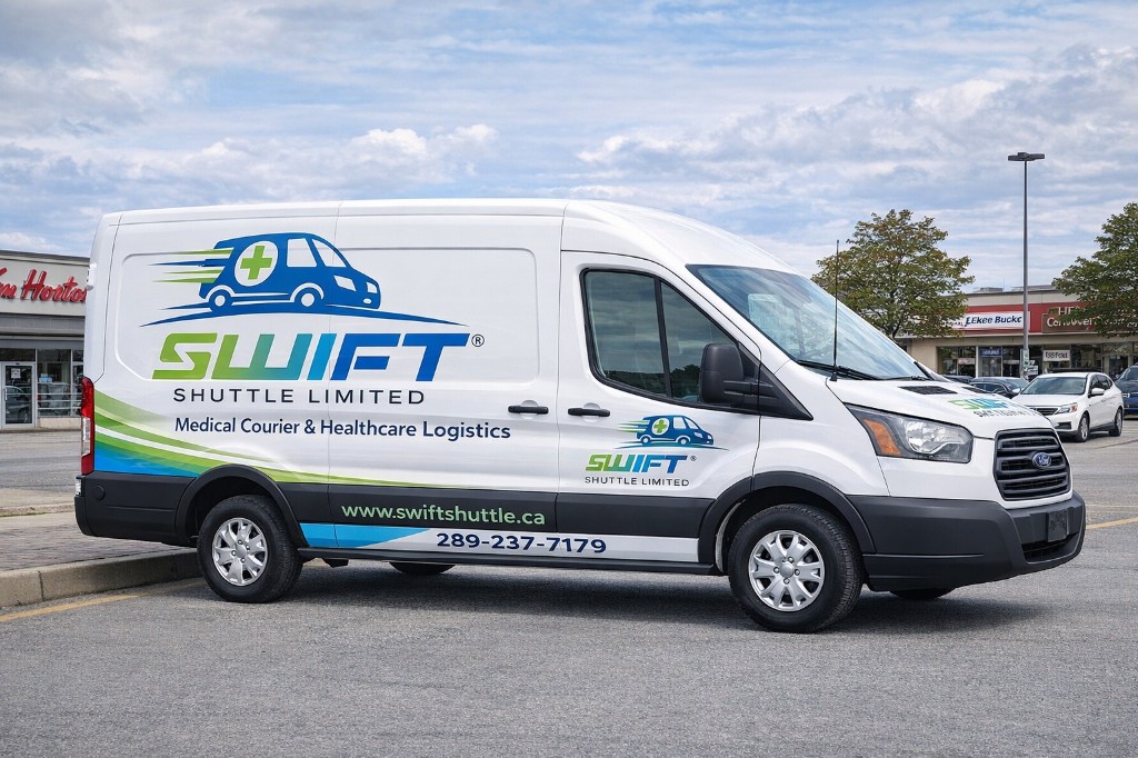 Swift Shuttle branded Ford Transit medical courier van on route